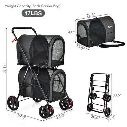 4-in-1 Double Pet Stroller with Detachable Carrier and Travel Carriage