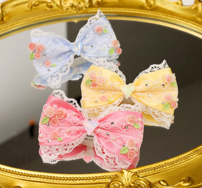 Lace Floral Bow Pet Hair Clip – Heart Crystal Headwear
