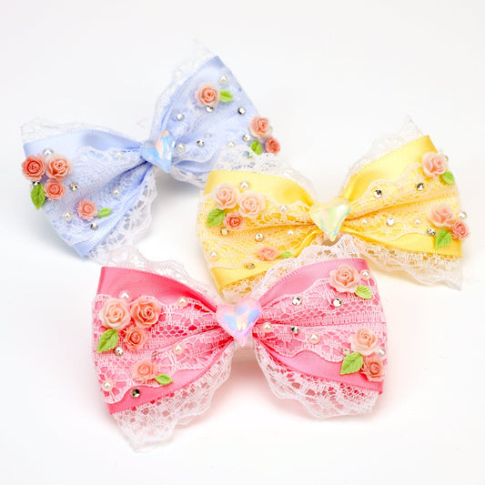 Lace Floral Bow Pet Hair Clip – Heart Crystal Headwear