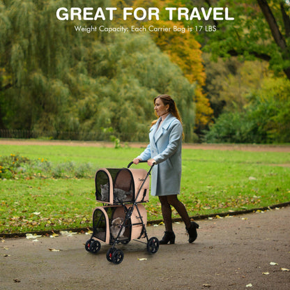 4-in-1 Double Pet Stroller with Detachable Carrier and Travel Carriage