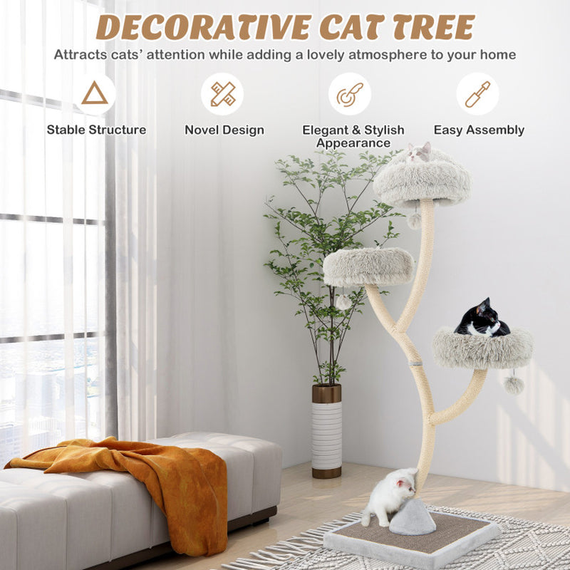 70" Tall Metal Cat Tree Tower with 3 Plush Perches & Sisal Scratching Posts